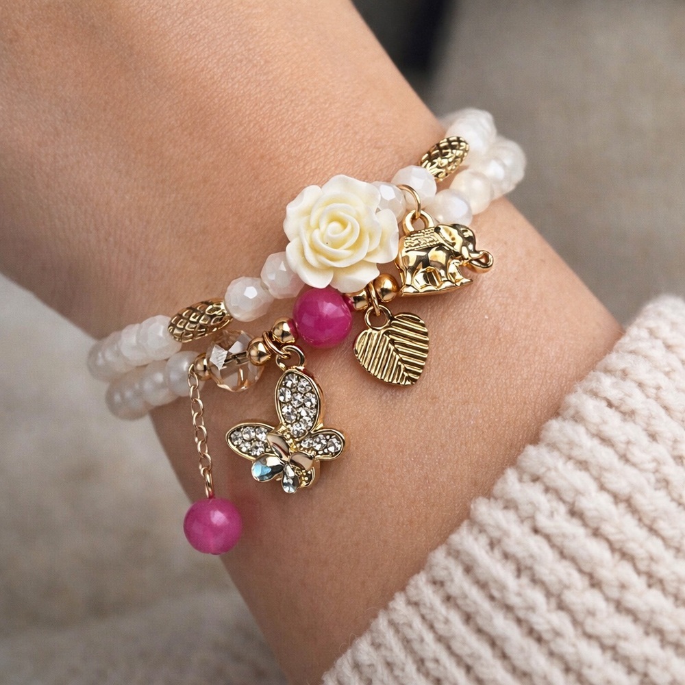 Elegant Gold White Pink Charm Stretch Bracelet Butterfly Heart Flower Elephant